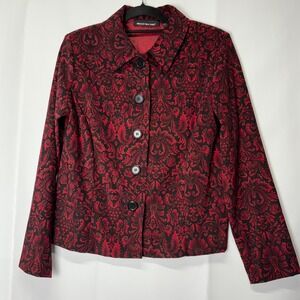 Briggs NY Red Black Floral Button Front Blazer Jacket M Brocade Look‎ Classic